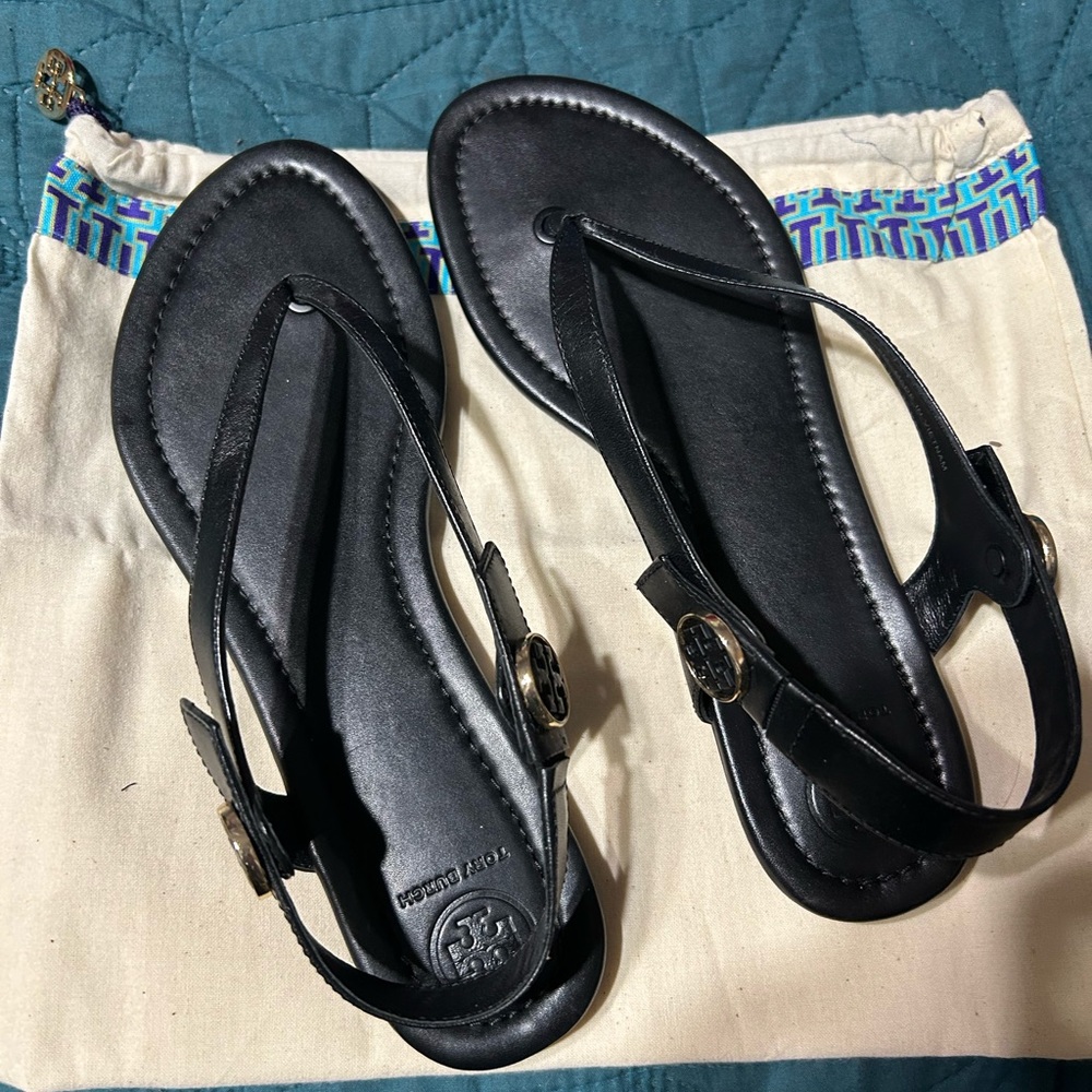 Tory Burch black and gold sandals. Only worn once. Comes w/ box & dust bag